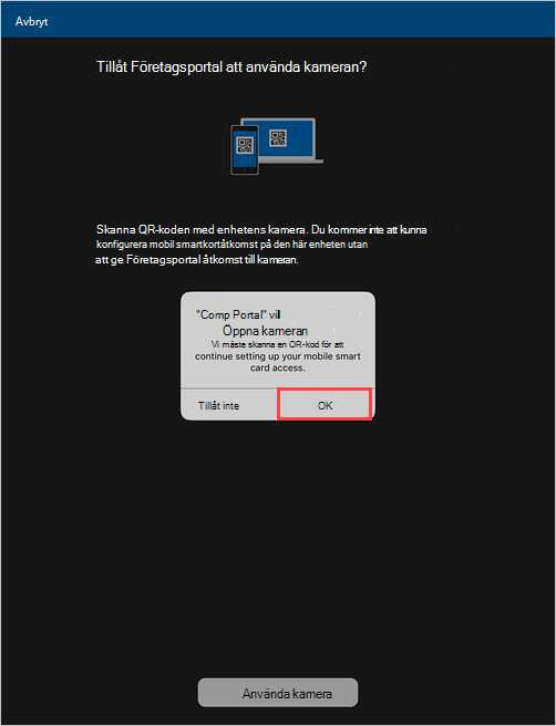 Exempel på skärmbild av en Företagsportal fråga om behörighet att tillåta kameraåtkomst.