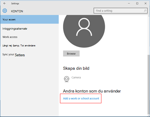 Välj lägg till ett arbets- eller skolkonto