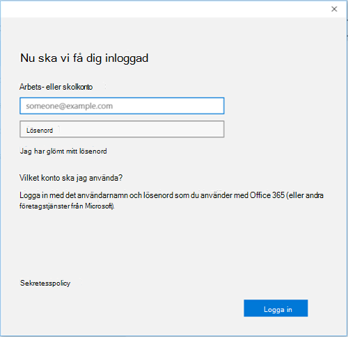 Skärmbild av Office 365 inloggningsskärmen för arbets- eller skolkonto.