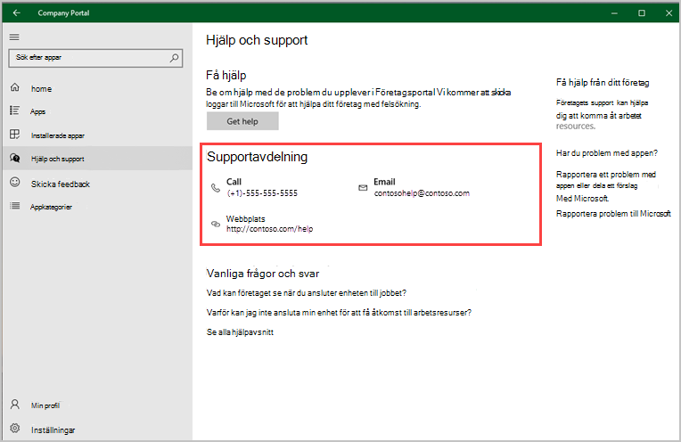 Skärmbild av Företagsportal app för Windows, sidan Hjälp & support, med hjälpavsnittet Support.