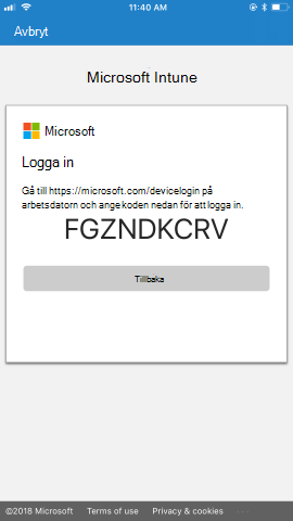 Instruktioner ges för att gå till sidan https://microsoft.com/devicelogin , med ett unikt lösenord, från din arbetsdator och sedan använda koden för att logga in.