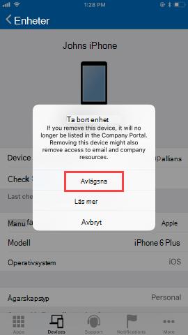 Skärmbild av skärmen Företagsportal appenheter som visar alternativ när användaren har klickat på knappen Ta bort enhet. Visar rödmarkerad 