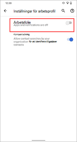 Skärmbild av växlingsknappen Arbetsprofil inaktiverad i enhetsinställningarna för Google Pixel 4.