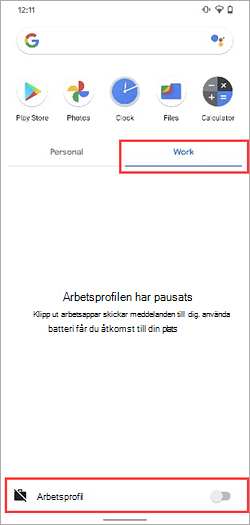 Skärmbild av växlingsknappen Arbetsprofil inaktiverad i appfönstret för Samsung Galaxy S20.