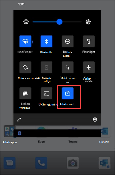 Skärmbild av ikonen för aktiverad arbetsprofil i Snabbinställningar för Surface Duo.
