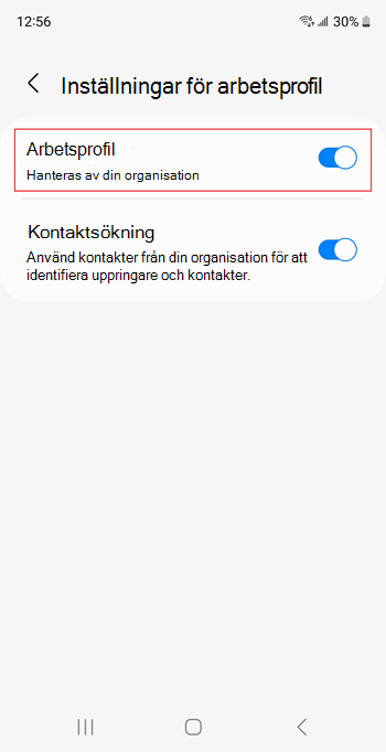 Skärmbild av växlingsknappen Arbetsprofil aktiverad i Enhetsinställningarna för Samsung Galaxy S20.