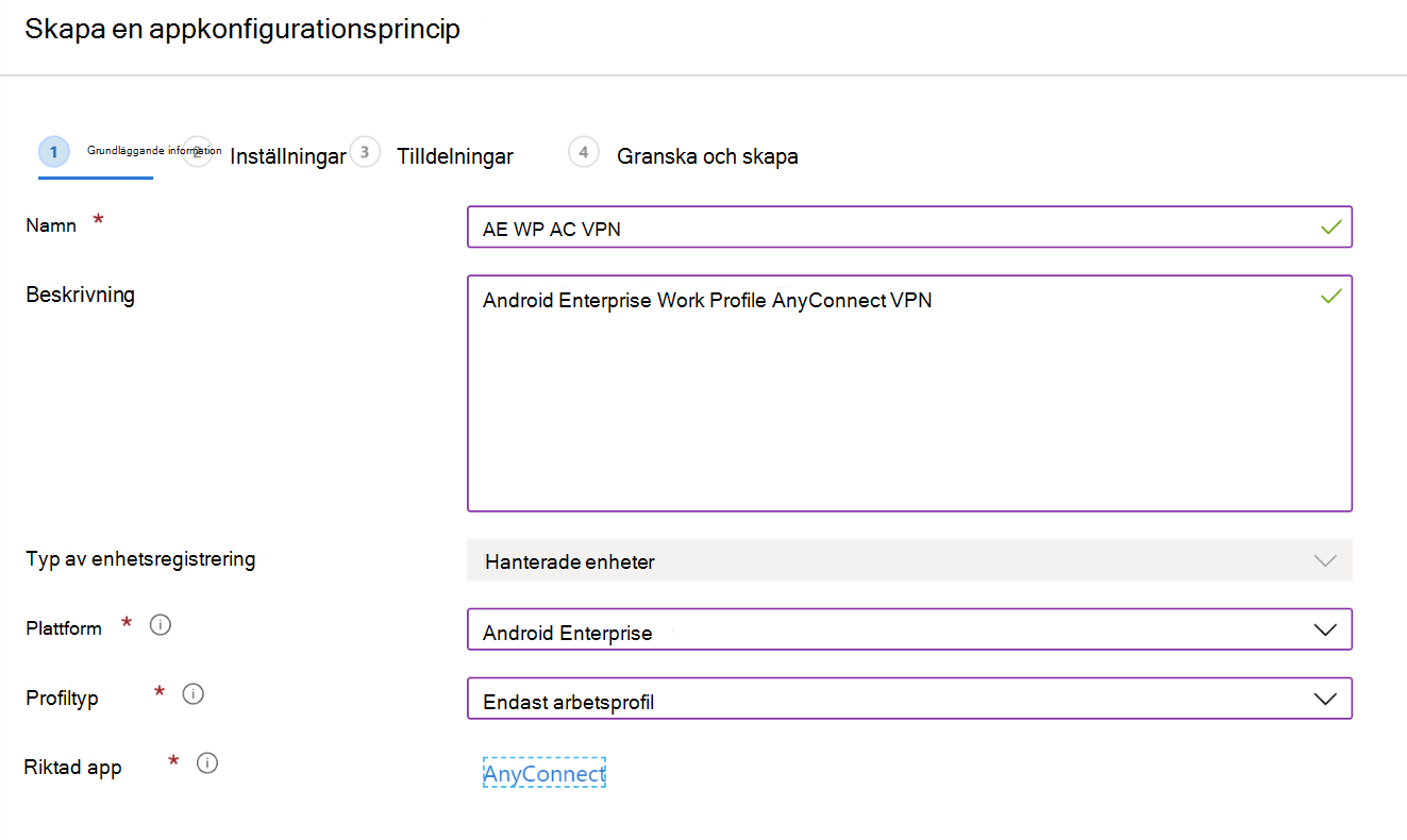 Skapa en appkonfigurationsprincip för att konfigurera VPN eller per app-VPN i Microsoft Intune