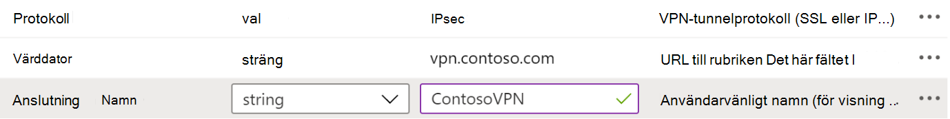 Exempel på protokoll, anslutningsnamn och värdnamn i en konfigurationsprincip för VPN-appar i Microsoft Intune med hjälp av Designer