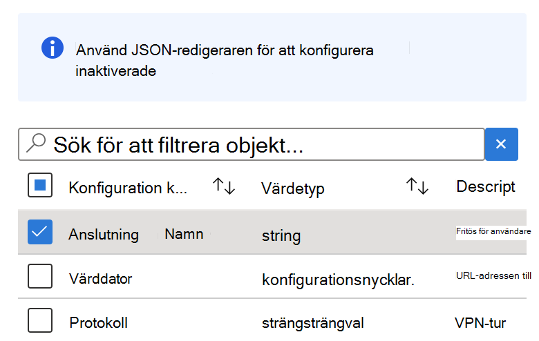 I Configuration Designer väljer du valfri nyckel med en strängvärdetyp i Microsoft Intune konfigurationsprincip för VPN-appen