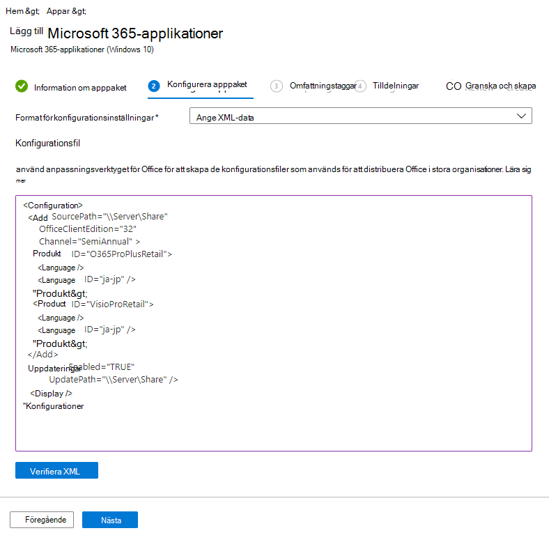 Skärmbild: Lägg till Microsoft 365 – Configuration Designer – XML-exempel.