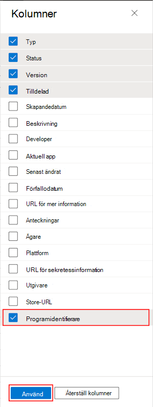 Skärmbild som visar hur du väljer kolumnen Appsamlings-ID i Alla appar i Microsoft Intune och Intune administrationscenter.