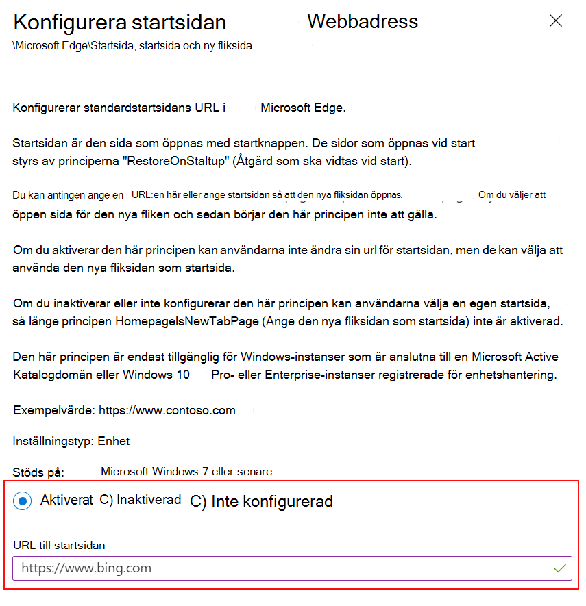 Skärmbild av Ange webbadressen till Microsoft Edge-startsidan till en webbplats med HJÄLP av ADMX-mallar i Microsoft Intune och Intune administrationscenter.