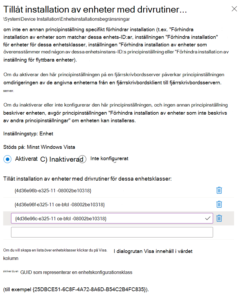 Skärmbild som visar hur du använder Microsoft Intune för att ange inställningen Tillåt installation av enheter med drivrutiner som matchar inställningen för enhetskonfigurationsklasser med dina klass-GUID:er.