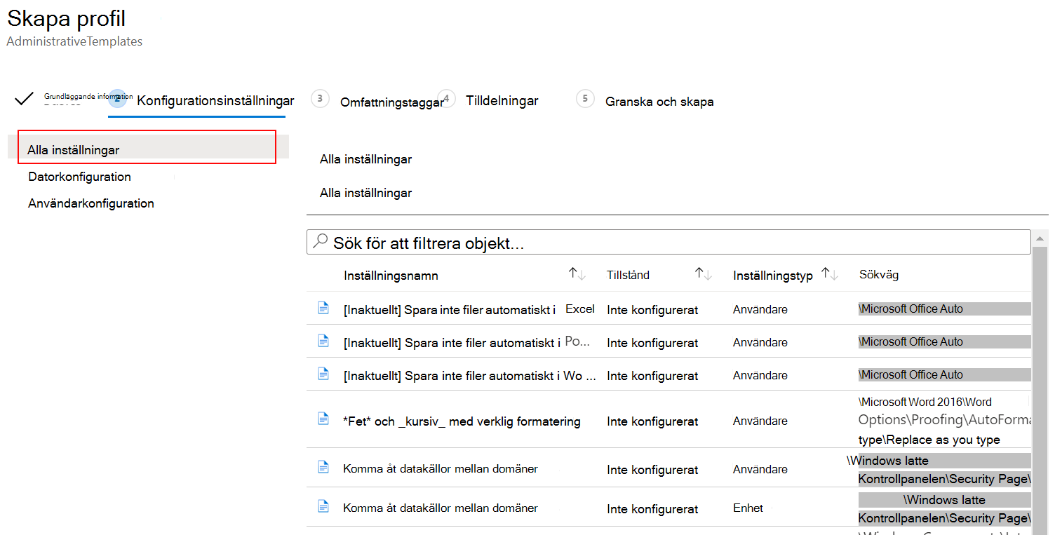 Skärmbild som visar hur du väljer Alla inställningar med ADMX-mallprincip i Microsoft Intune.