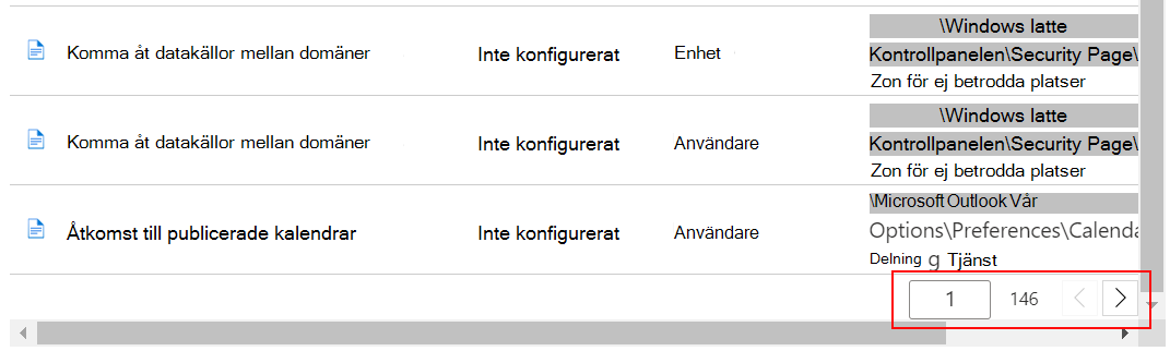 Visa en exempellista med inställningar och använd föregående och nästa knappar i Administrationscenter för Intune och Microsoft Intune.