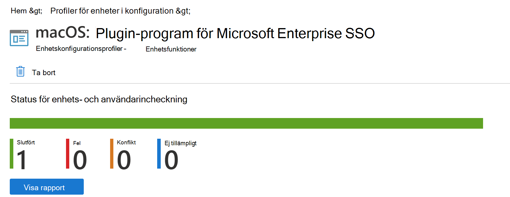 Skärmbild som visar distributionsrapporten för macOS-enhetskonfigurationsprofilen i Microsoft Intune.