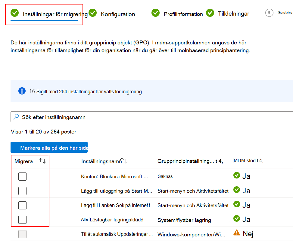 Skärmbild som visar de inställningar som ska migreras och hur du markerar kryssrutan Migrera i Microsoft Intune.