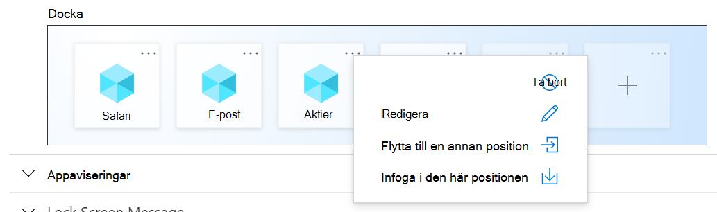 Exempel på dockningsinställningar för iOS/iPadOS-startskärmslayout i Microsoft Intune