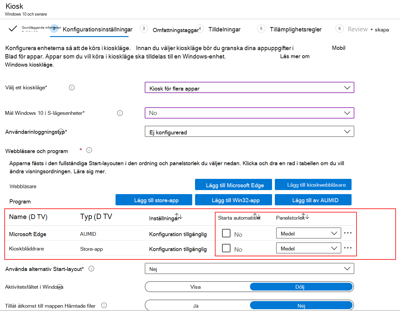 Starta appen eller webbläsaren automatiskt och välj panelstorleken i en helskärmsprofil för flera appar i Microsoft Intune.