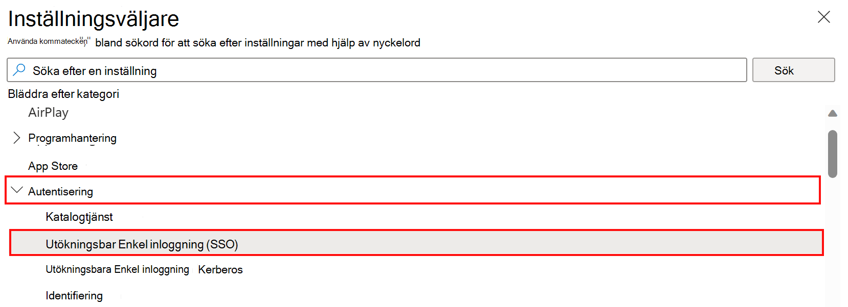 Skärmbild som visar inställningsväljaren för inställningskatalogen och väljer autentisering och utökningsbar kategori för enkel inloggning i Microsoft Intune.