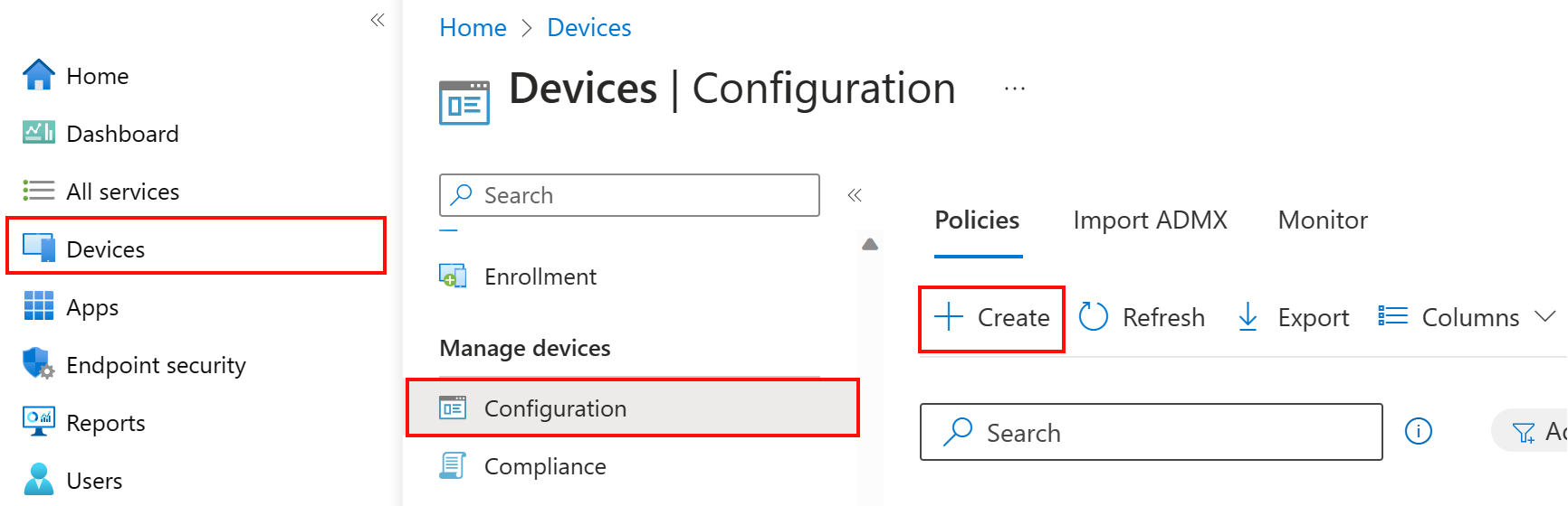 Skapa en ny enhetskonfigurationsprofil i Microsoft Intune med hjälp av Administrationscenter för Intune.