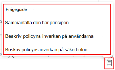 Skärmbild som visar guiden för Principprompt för Copilot och en lista över tillgängliga frågor i inställningskatalogen i Administrationscenter för Microsoft Intune och Intune.