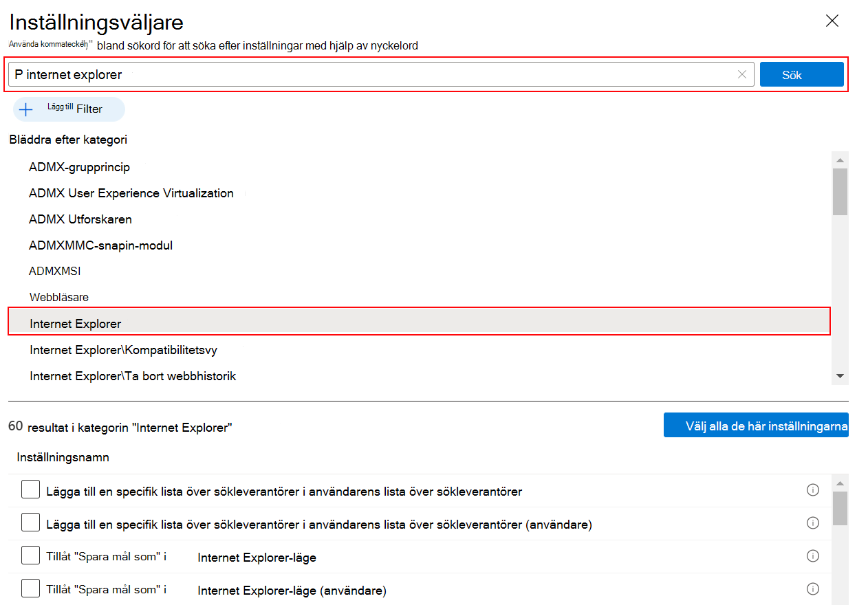 Skärmbild som visar inställningskatalogen när du söker efter Internet Explorer för att se alla Internet Explorer-inställningar i administrationscentret för Microsoft Intune och Intune.
