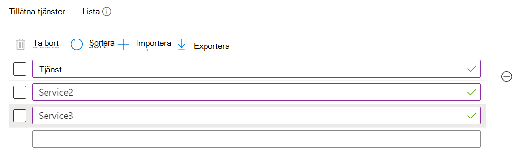 Skärmbild som visar en inställning med flera värden på en separat rad i inställningskatalogen i Microsoft Intune och Administrationscenter för Intune.