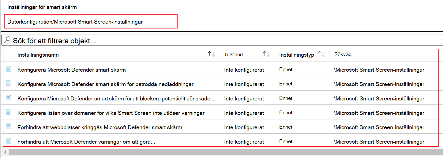 Skärmbild som visar hur du ser Principinställningar för Microsoft Edge SmartScreen i ADMX-mallar i Microsoft Intune.