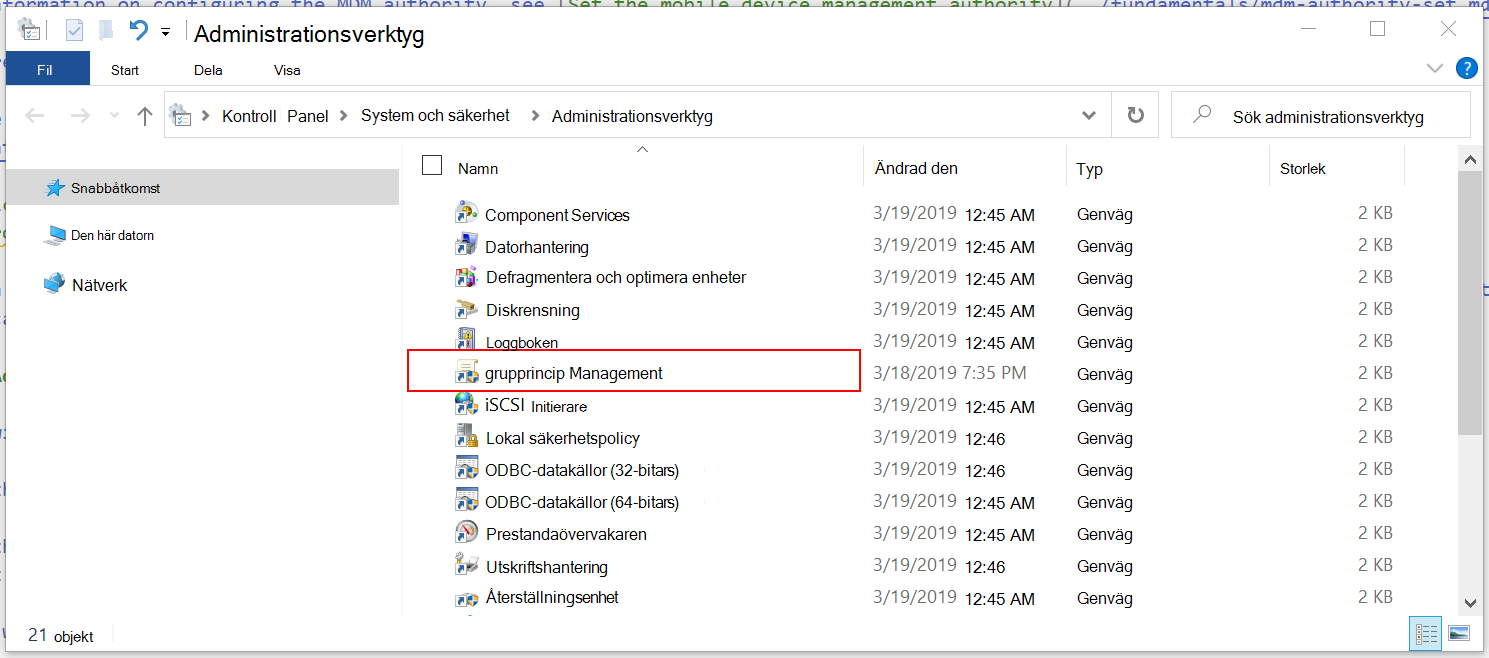 Skärmbild som visar windows administrationsverktygsappar, inklusive grupprincip Management-appen.