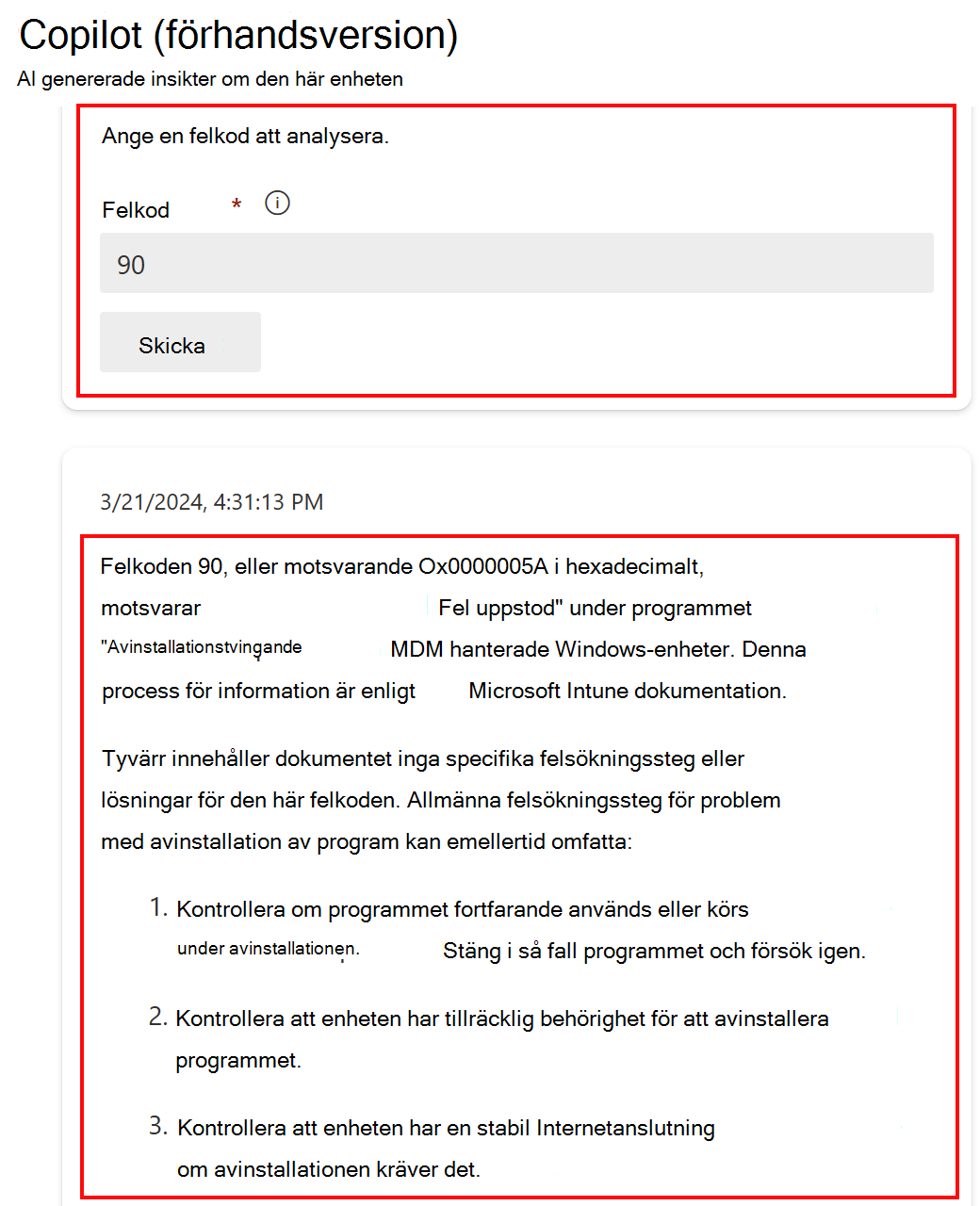 Skärmbild som visar funktionen Analysera en felkod i Copilot när du har valt en enhet i Microsoft Intune eller Administrationscenter för Intune.