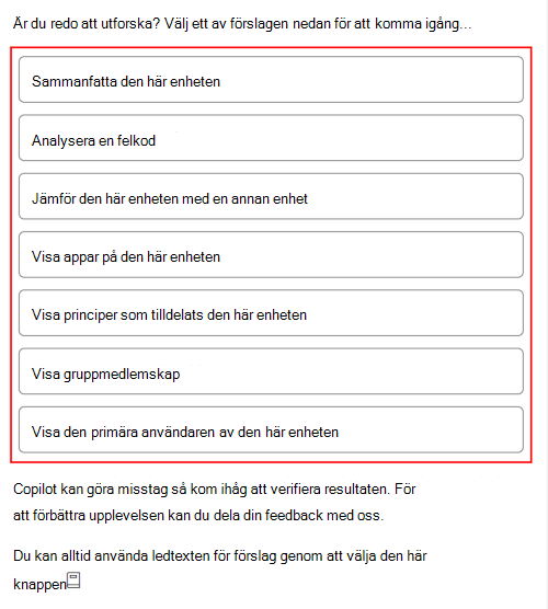 Skärmbild som visar Copilot-exempelprompter när du har valt en enhet i Microsoft Intune eller Administrationscenter för Intune.