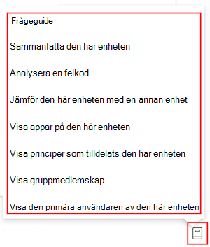 Skärmbild som visar promptguiden för Copilot när du har valt en enhet i Microsoft Intune eller Administrationscenter för Intune.