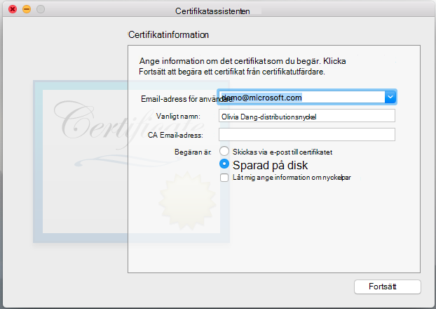 Ange information för certifikatet som du begär