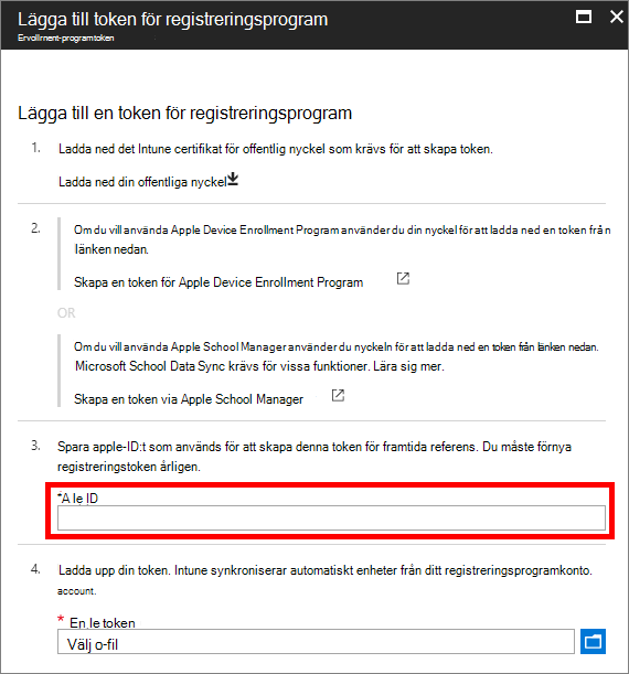Exempel på skärmbild som visar det Apple-ID som används för att skapa token för registreringsprogram och bläddra till token för registreringsprogram.