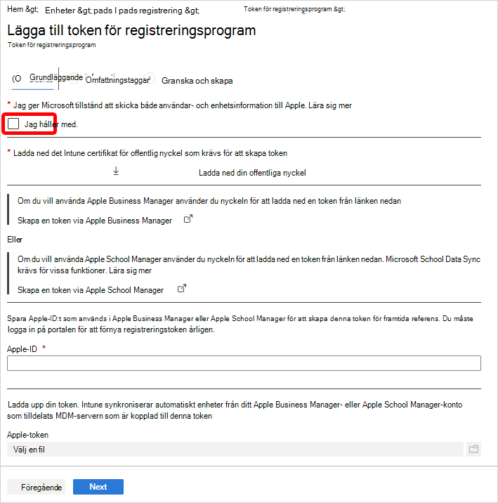 Skärmbild som visar skärmen Lägg till token för registreringsprogram.