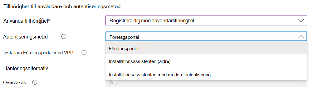 Skärmbild av alternativ för autentiseringsmetod.