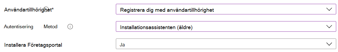 I Intune administrationscenter och Microsoft Intune registrerar du iOS/iPadOS-enheter med hjälp av automatisk enhetsregistrering (ADE). Välj Registrera med användartillhörighet, använd installationsassistenten för autentisering och installera Företagsportal-appen.