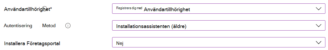 I Intune administrationscenter och Microsoft Intune registrerar du iOS/iPadOS-enheter med hjälp av automatisk enhetsregistrering (ADE). Välj Registrera med användartillhörighet, använd installationsassistenten för autentisering och installera inte appen Företagsportal.