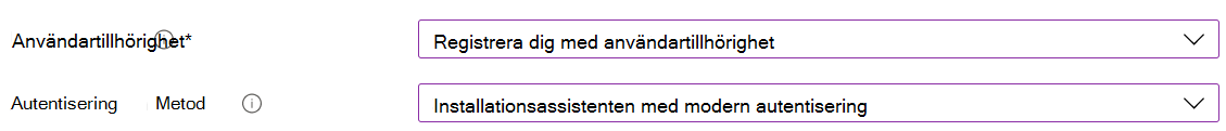 I Intune administrationscenter och Microsoft Intune registrerar du iOS/iPadOS-enheter med hjälp av automatisk enhetsregistrering (ADE). Välj Registrera med användartillhörighet och använd installationsassistenten för autentisering. Appen Företagsportal installeras automatiskt.