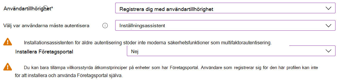 I Intune administrationscenter och Microsoft Intune registrerar du iOS/iPadOS-enheter med Hjälp av Apple Configurator. Välj Registrera med användartillhörighet, använd installationsassistenten för autentisering och installera inte appen Företagsportal.