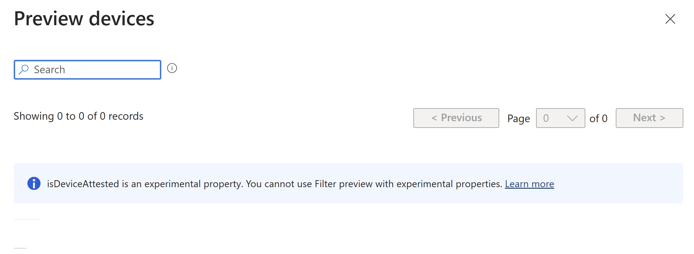 Skärmbild som visar att det inte går att använda filterförhandsgranskningsmeddelande när du klickar på Förhandsgranska enheter med en förhandsgranskningsegenskap i filterregelsyntaxen i Microsoft Intune.