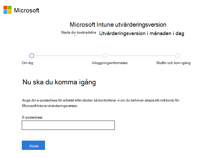 Skärmbild av Microsoft Intune konfigurera kontosida – Ange e-post