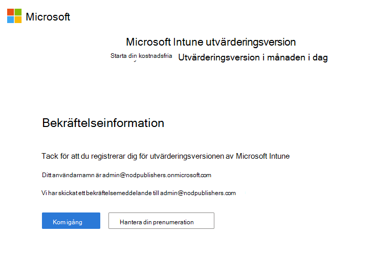 Skärmbild av Microsoft Intune konfigurera kontosida – bekräftelseinformation