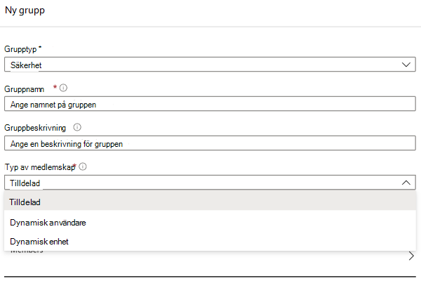 Skärmbild som visar Intune gruppegenskaper.