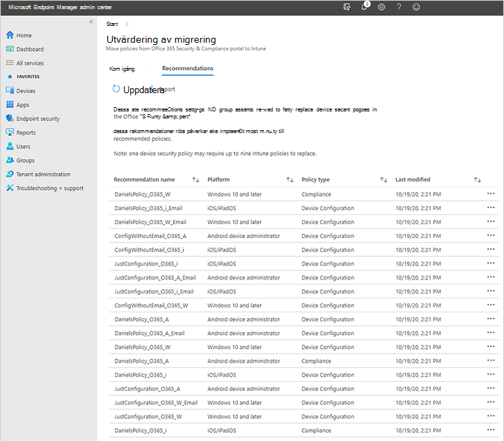 Skärmbild av exempel på migreringsutvärdering i Microsoft Intune administrationscenter efter migrering av Microsoft 365 Basic mobilitets- och säkerhetsprinciper för att Intune