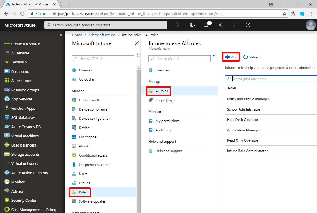Lägga till en roll i fönstret Intune roller Alla roller.