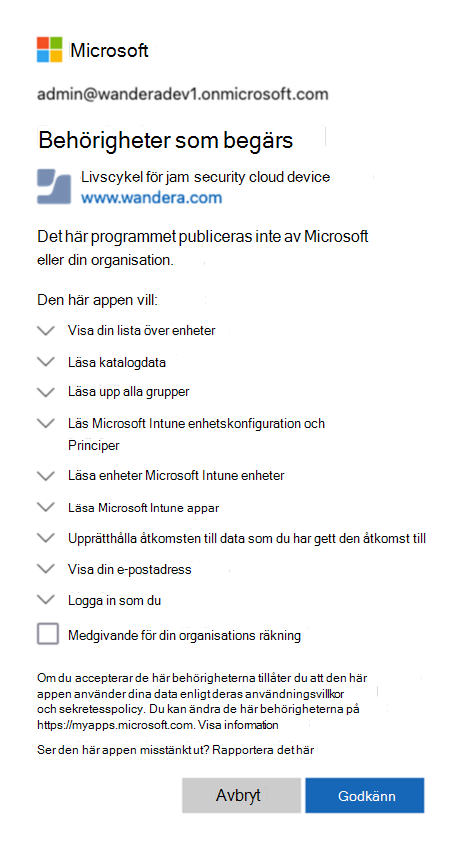 Skärmbild av de behörigheter som du accepterar.