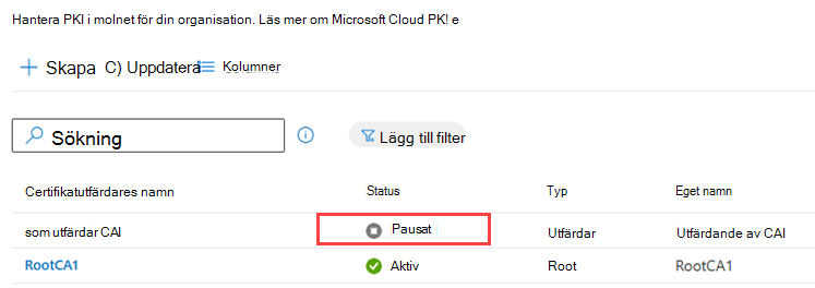 Exempelskärmbild som markerar kolumnen Status i tabellen med certifikatutfärdare.