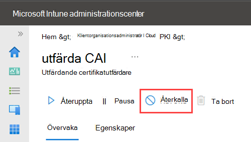 Exempel på skärmbild som markerar åtgärden Återkalla för certifikat certifikatet.